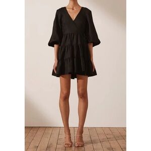 Shona Joy Nicolette Linen Wrap Mini Dress Black US 4